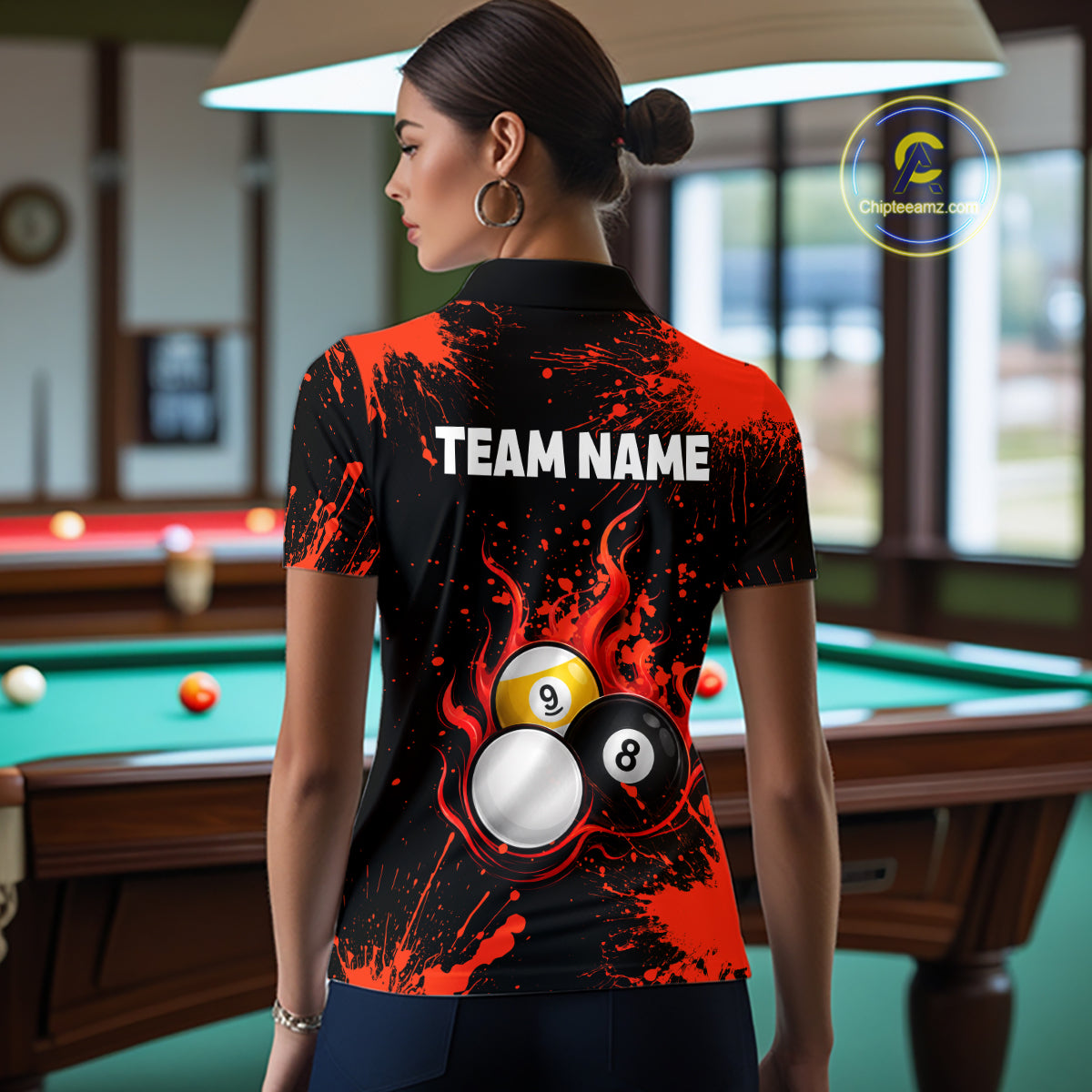 Red Splatter Flame 8 Ball & 9 Ball Pool Polo 1/4-Zip Shirt For Women Personalized Billiard Team Apparel NYN3971
