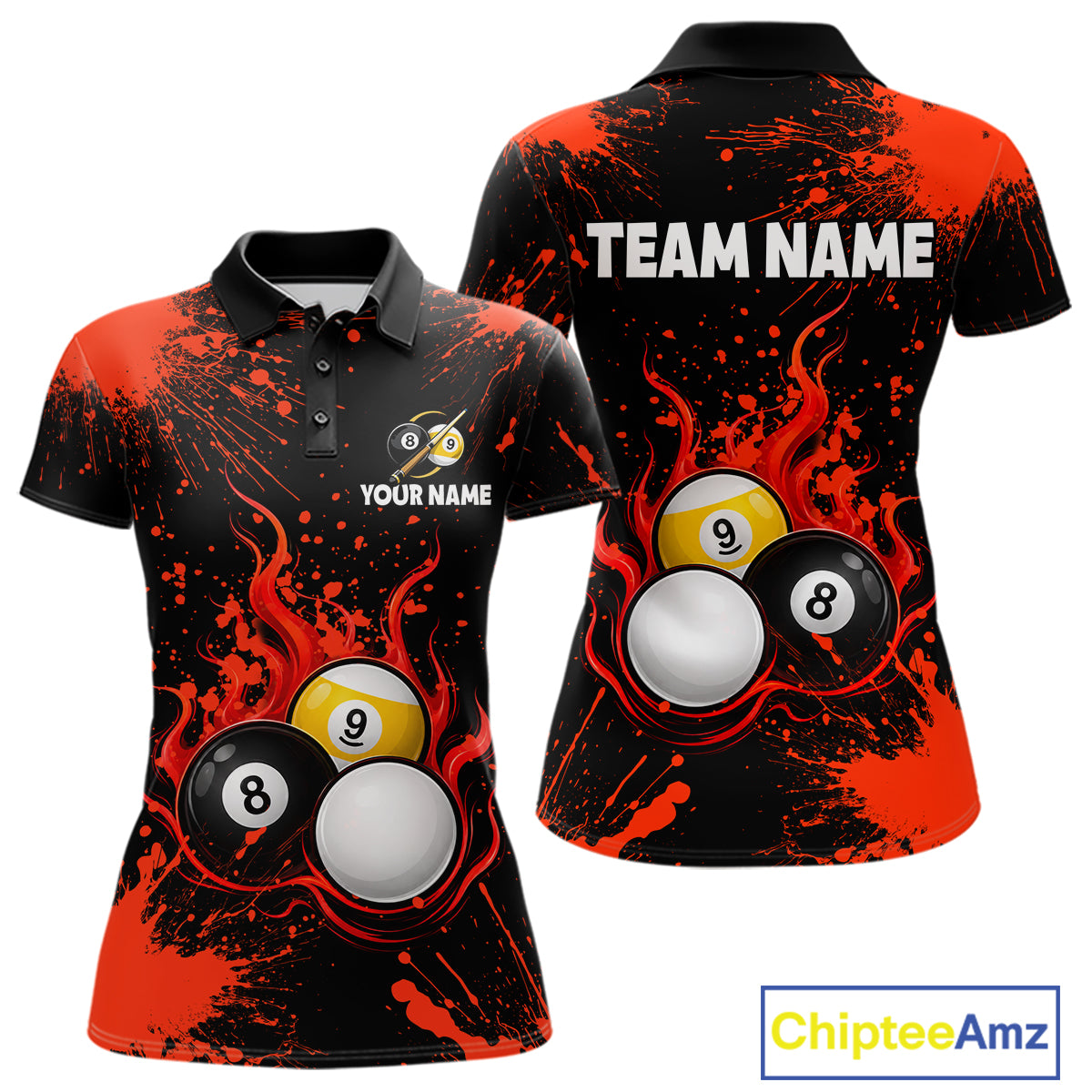 Red Splatter Flame 8 Ball & 9 Ball Pool Polo 1/4-Zip Shirt For Women Personalized Billiard Team Apparel NYN3971