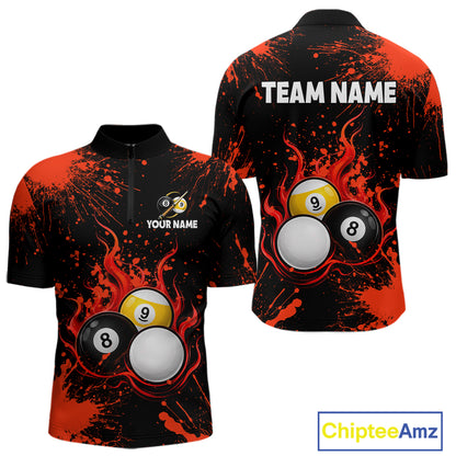 Red Splatter Flame 8 Ball & 9 Ball Pool Polo 1/4-Zip Shirt For Men Personalized Billiard Team Apparel NYN3971