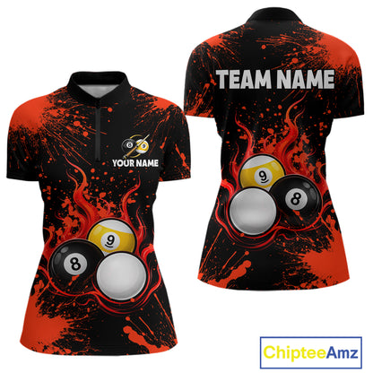 Red Splatter Flame 8 Ball & 9 Ball Pool Polo 1/4-Zip Shirt For Women Personalized Billiard Team Apparel NYN3971