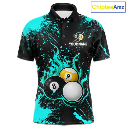 Teal Splatter Flame 8 Ball & 9 Ball Pool Polo 1/4-Zip Shirt For Men Personalized Billiard Team Apparel NYN3972