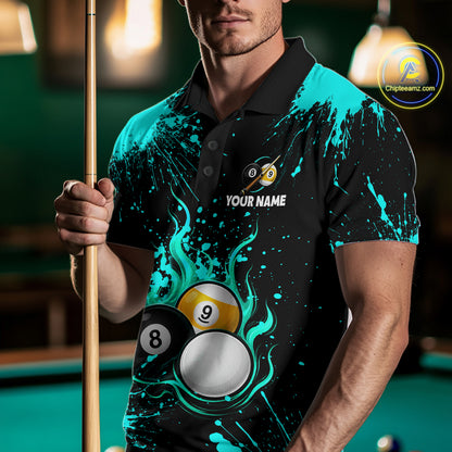 Teal Splatter Flame 8 Ball & 9 Ball Pool Polo 1/4-Zip Shirt For Men Personalized Billiard Team Apparel NYN3972