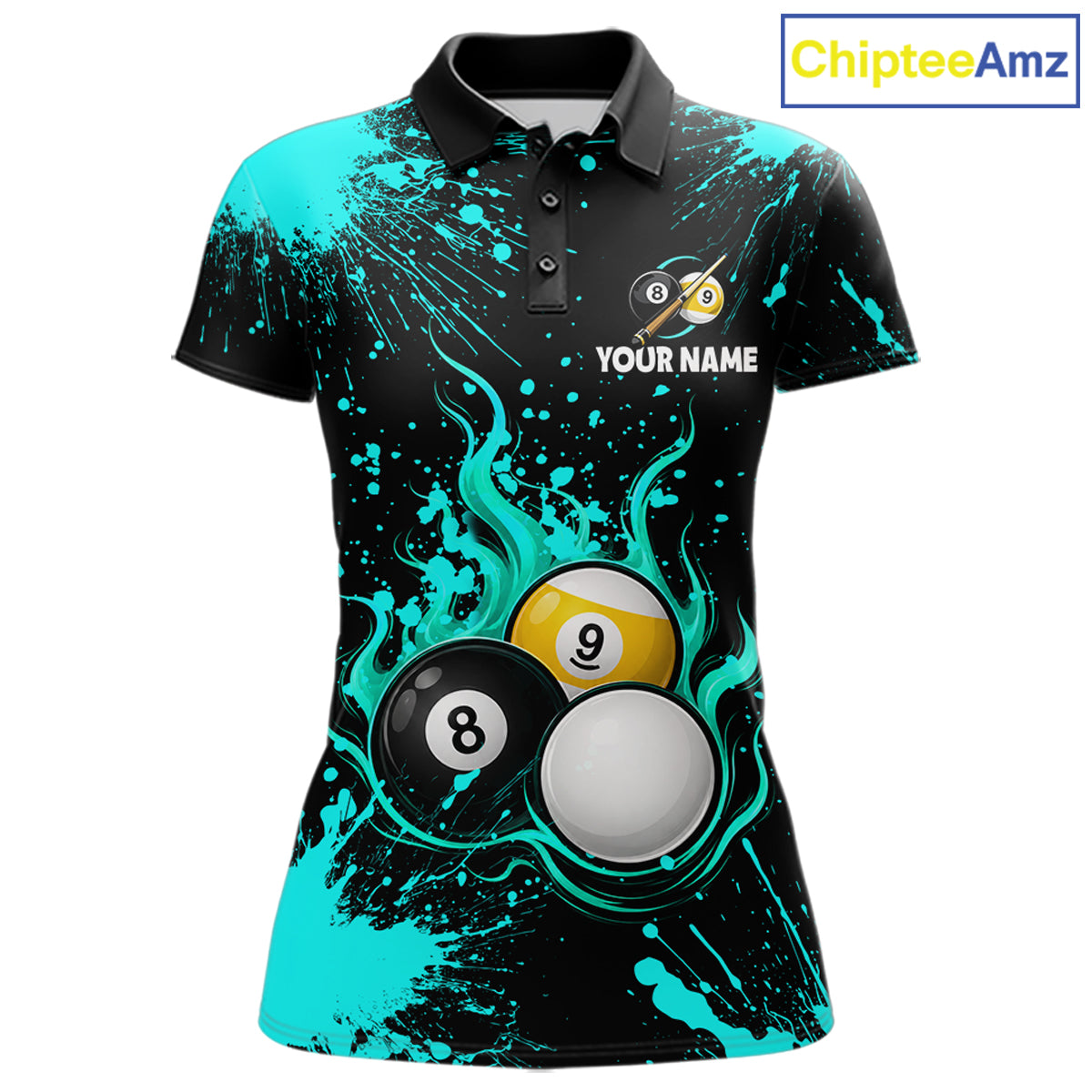 Teal Splatter Flame 8 Ball & 9 Ball Pool Polo 1/4-Zip Shirt For Women Personalized Billiard Team Apparel NYN3972
