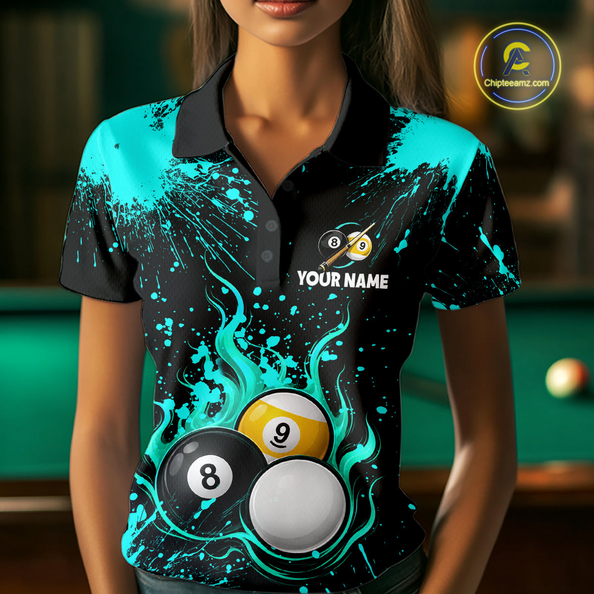Teal Splatter Flame 8 Ball & 9 Ball Pool Polo 1/4-Zip Shirt For Women Personalized Billiard Team Apparel NYN3972