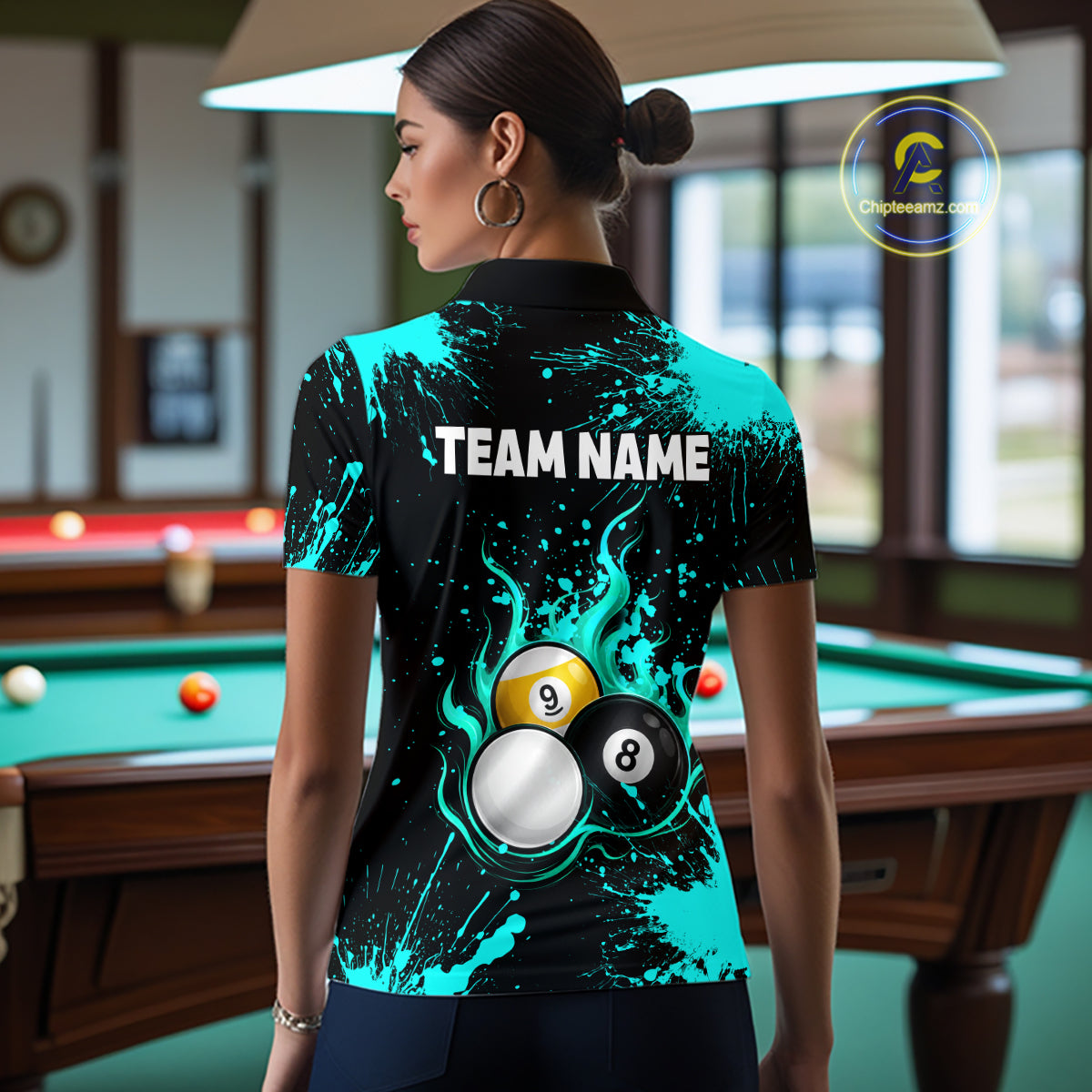 Teal Splatter Flame 8 Ball & 9 Ball Pool Polo 1/4-Zip Shirt For Women Personalized Billiard Team Apparel NYN3972