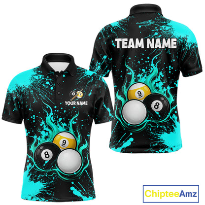 Teal Splatter Flame 8 Ball & 9 Ball Pool Polo 1/4-Zip Shirt For Men Personalized Billiard Team Apparel NYN3972