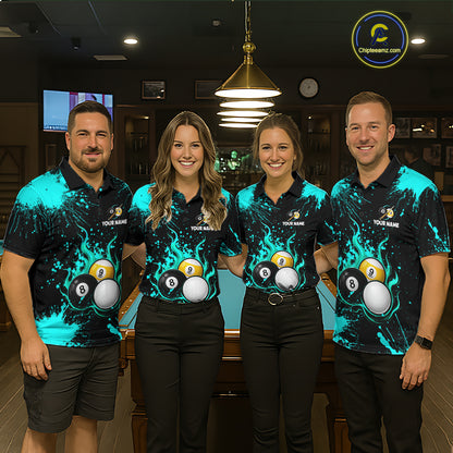Teal Splatter Flame 8 Ball & 9 Ball Pool Polo 1/4-Zip Shirt For Men Personalized Billiard Team Apparel NYN3972