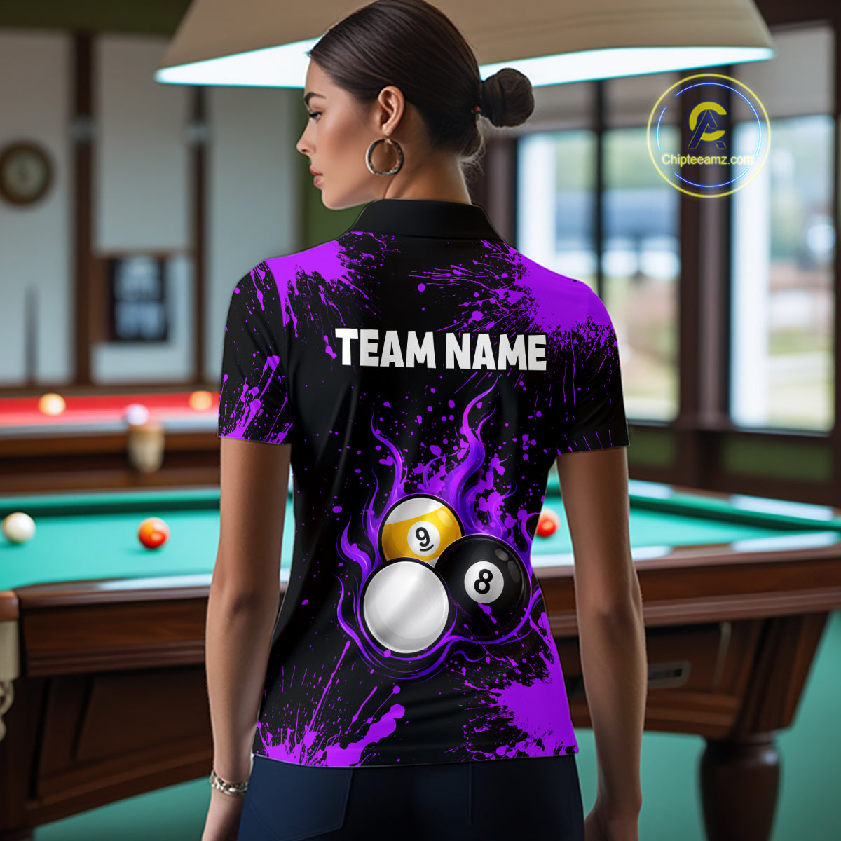Purple Splatter Flame 8 Ball & 9 Ball Pool Polo 1/4-Zip Shirt For Women Personalized Billiard Team Apparel NYN3973