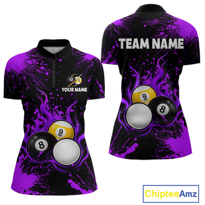 Purple Splatter Flame 8 Ball & 9 Ball Pool Polo 1/4-Zip Shirt For Women Personalized Billiard Team Apparel NYN3973