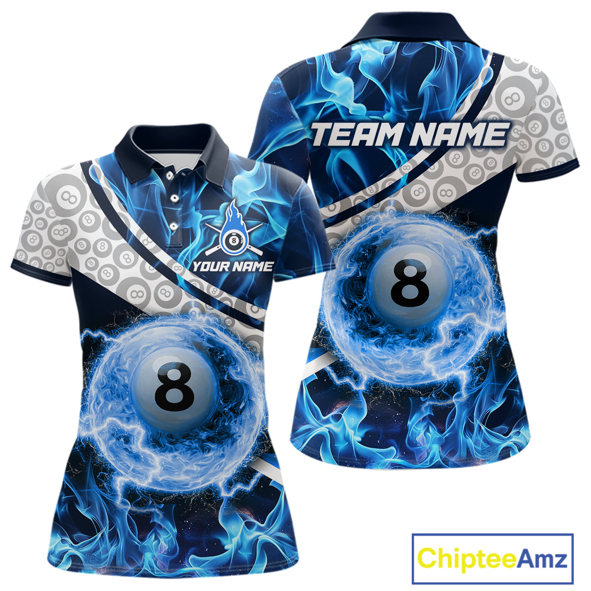 Personalized Blue Flaming Thunder 8 Ball Pool Billiard Shirts For Women Billiard Attire Gifts NYN2802