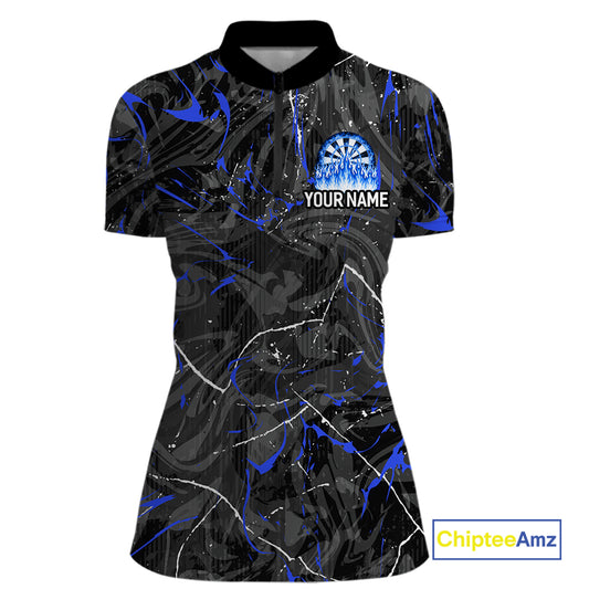 Custom Grey Blue Flaming Dartboard Darts Women Polo & 1/4-Zip Shirts Dart Team Jerseys NYN2806