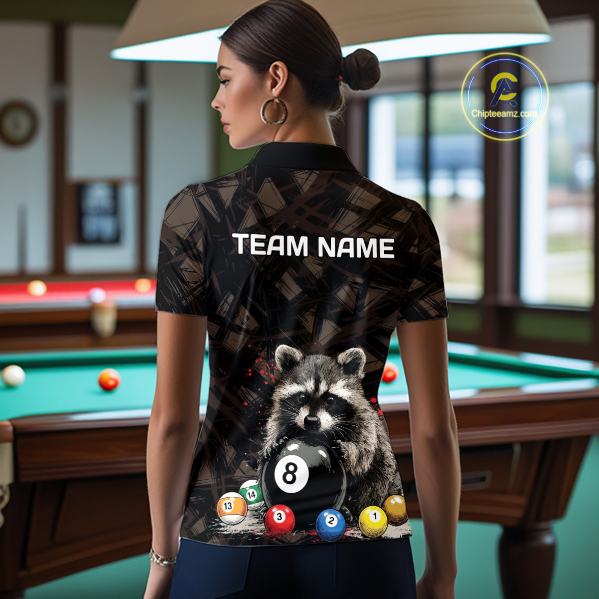 Billiard 8 Ball Raccoon Funny Pool Shirt For Women Custom Brown Brush Team Billiard Attire NYN3444