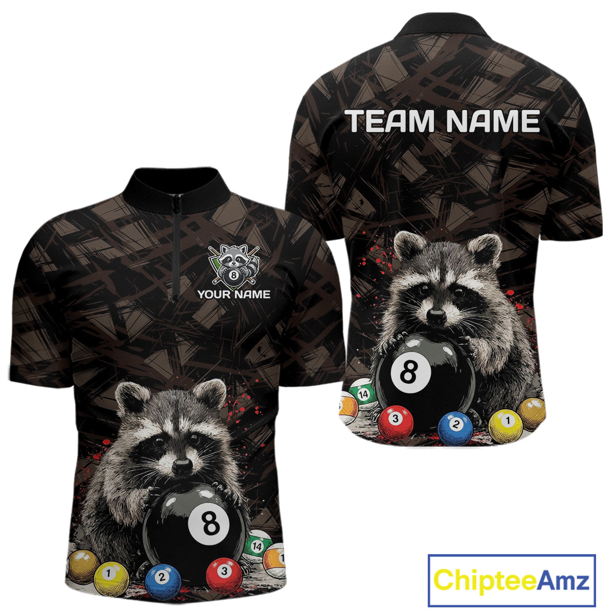 Billiard 8 ball raccoon funny pool shirt for men custom brown brush team attire
