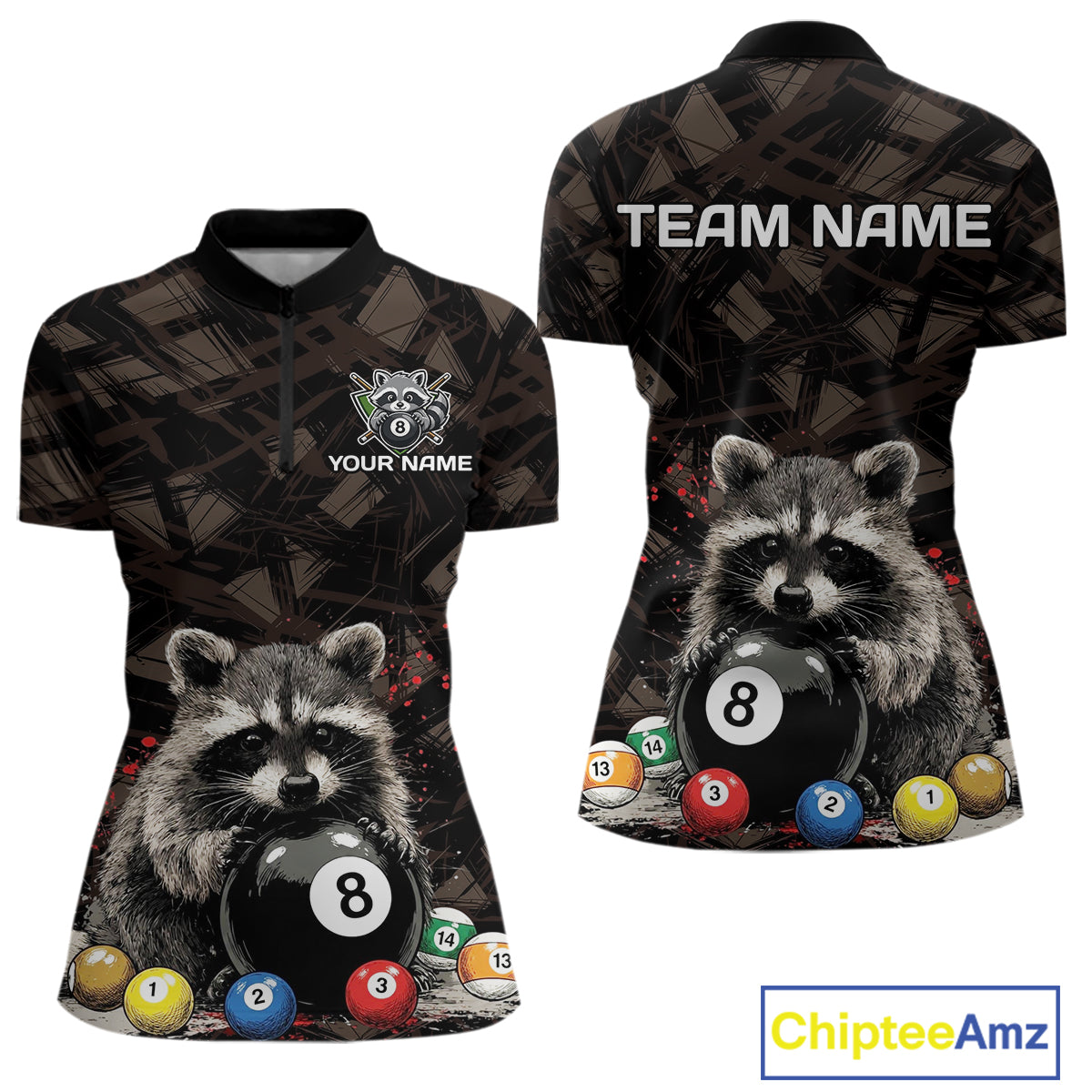 Billiard 8 ball raccoon funny pool shirt for women custom brown brush team attire