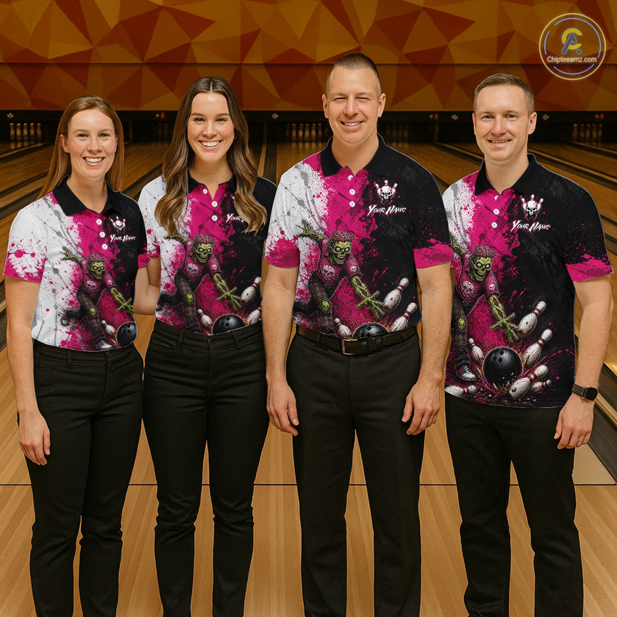Grunge Black, White And Pink Zombie Women Bowling Shirts Personalized Skull Bowling Team Outfits NYN3188