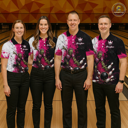 Grunge Black, White And Pink Zombie Women Bowling Shirts Personalized Skull Bowling Team Outfits NYN3188