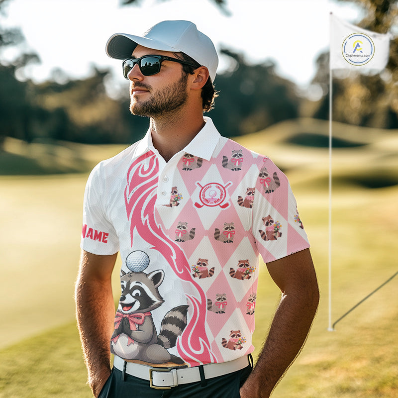 Men's model wearing Glitter Raccoon Golf Polo Shirt, personalized golf apparel, woodland sportswear, custom golf outfit, glitter golf fashion.