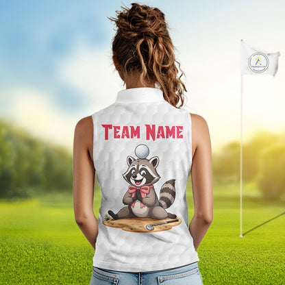 Women's model wearing Glitter Raccoon Golf Polo Shirt, sparkling golf apparel, personalized golf outfit, women's golf club clothing, custom golf team fashion, cute golf lifestyle.