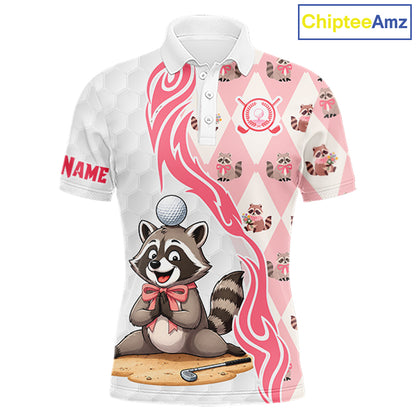 Pink and White Glitter Raccoon Men's Golf Polo Shirt mockup featuring glitter raccoon design, personalized golf apparel, custom golf team polo, woodland golf fashion.