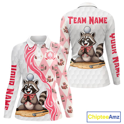 1 Pink and White Glitter Raccoon Women's Golf Polo Shirt mockup, personalized golf polo, glitter golf apparel, raccoon mascot golf clothing, custom golf team uniform, stylish golf fashion.