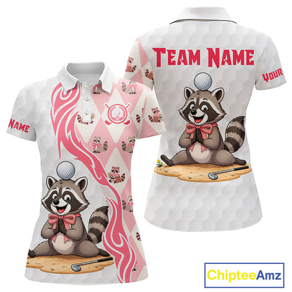 1 Pink and White Glitter Raccoon Women's Golf Polo Shirt mockup, personalized golf polo, glitter golf apparel, raccoon mascot golf clothing, custom golf team uniform, stylish golf fashion.