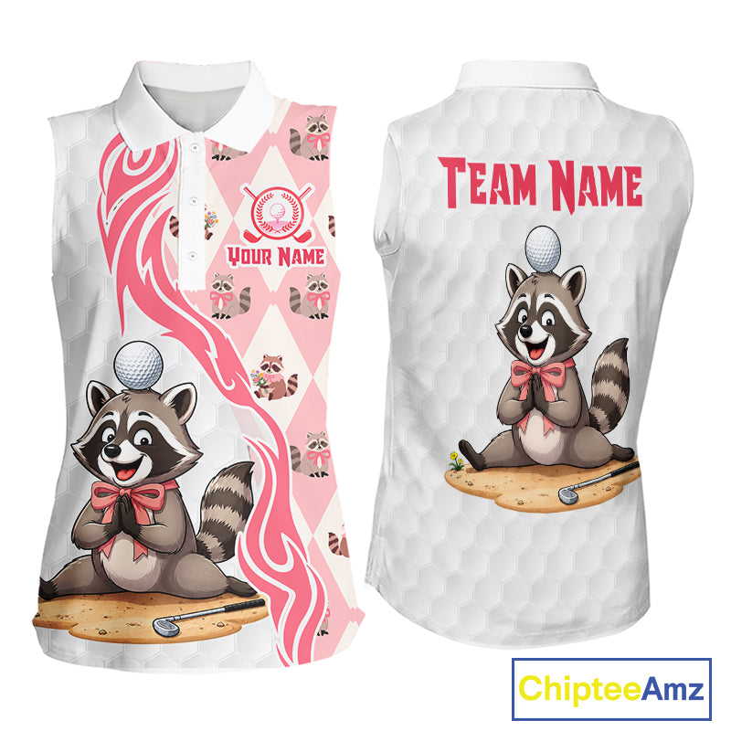 Pink and White Glitter Raccoon Women's Sleeveless Golf Polo mockup featuring sparkling raccoon mascot, personalized golf apparel, custom golf team shirt, glitter golf clothing, women's golf tournament outfit, performance sleeveless polo.