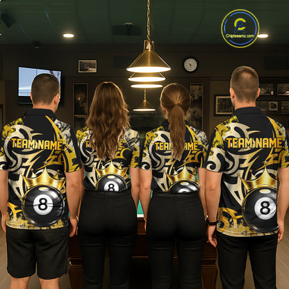 Gold Tribal Crown 8 Ball Pool Women Polo & 1/4-Zip Team Shirt Custom Billiards Ball Jerseys NYN2429