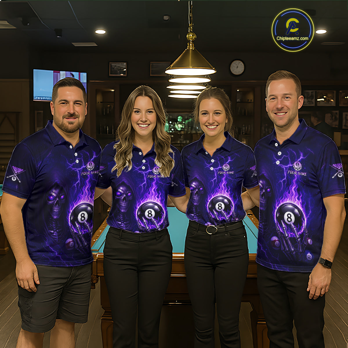 Fire Flame Purple 8 Ball Pool Billiard Team Shirt For Men Custom Grim Reaper Billiard Jerseys NYN2438