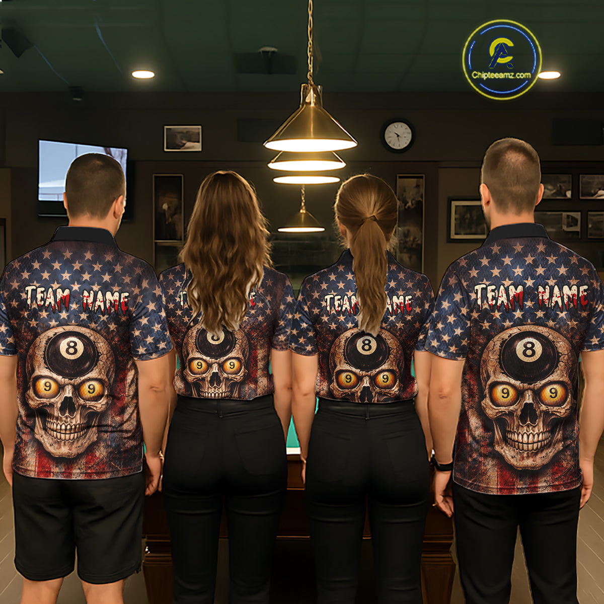 Retro American Flag Skull Pool 8 Ball & 9 Ball Men Billiard Shirt Personalized Balls Billiard Shirts NYN2654