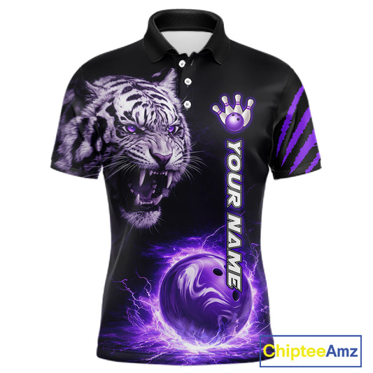 Purple Flames Tiger Custom Men Bowling Polo & Quarter-Zip Shirts Flame Bowling Team Jerseys NYN3012