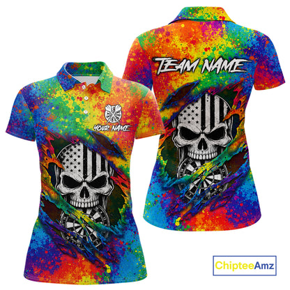 Colorful Splatter Torn Dart Shirt Custom US Flag Skull Darts Team Outfits For Women, Darts Gifts NYN4072