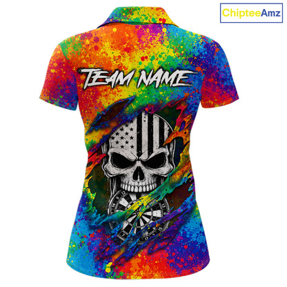 Colorful Splatter Torn Dart Shirt Custom US Flag Skull Darts Team Outfits For Women, Darts Gifts NYN4072