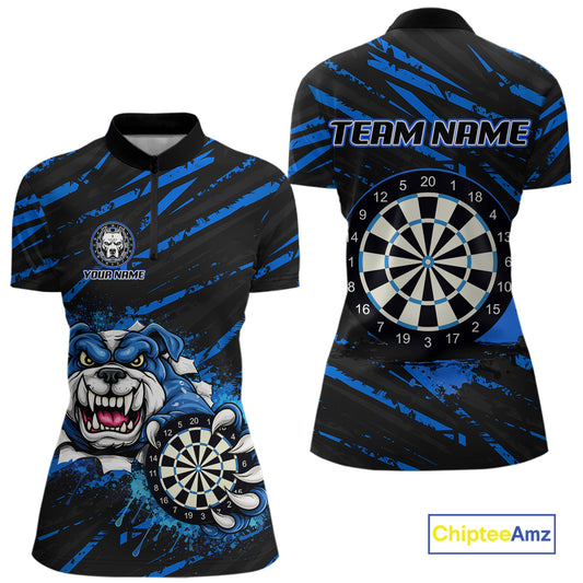 Blue Splatter Dart Polo & Quarter-Zip Shirt For Women Custom Funny Bulldog Darts Team Jersey NYN2830