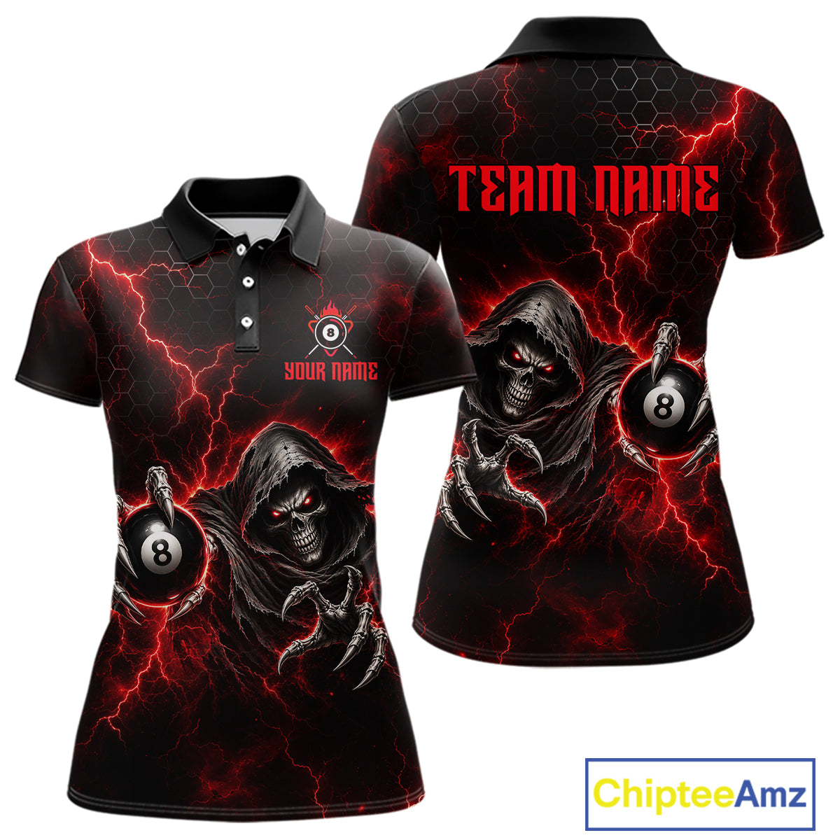 Custom Red Grim Reaper Thunder 8 Ball Pool Billiard Shirt For Women, Billiard Team Jersey NYN3778