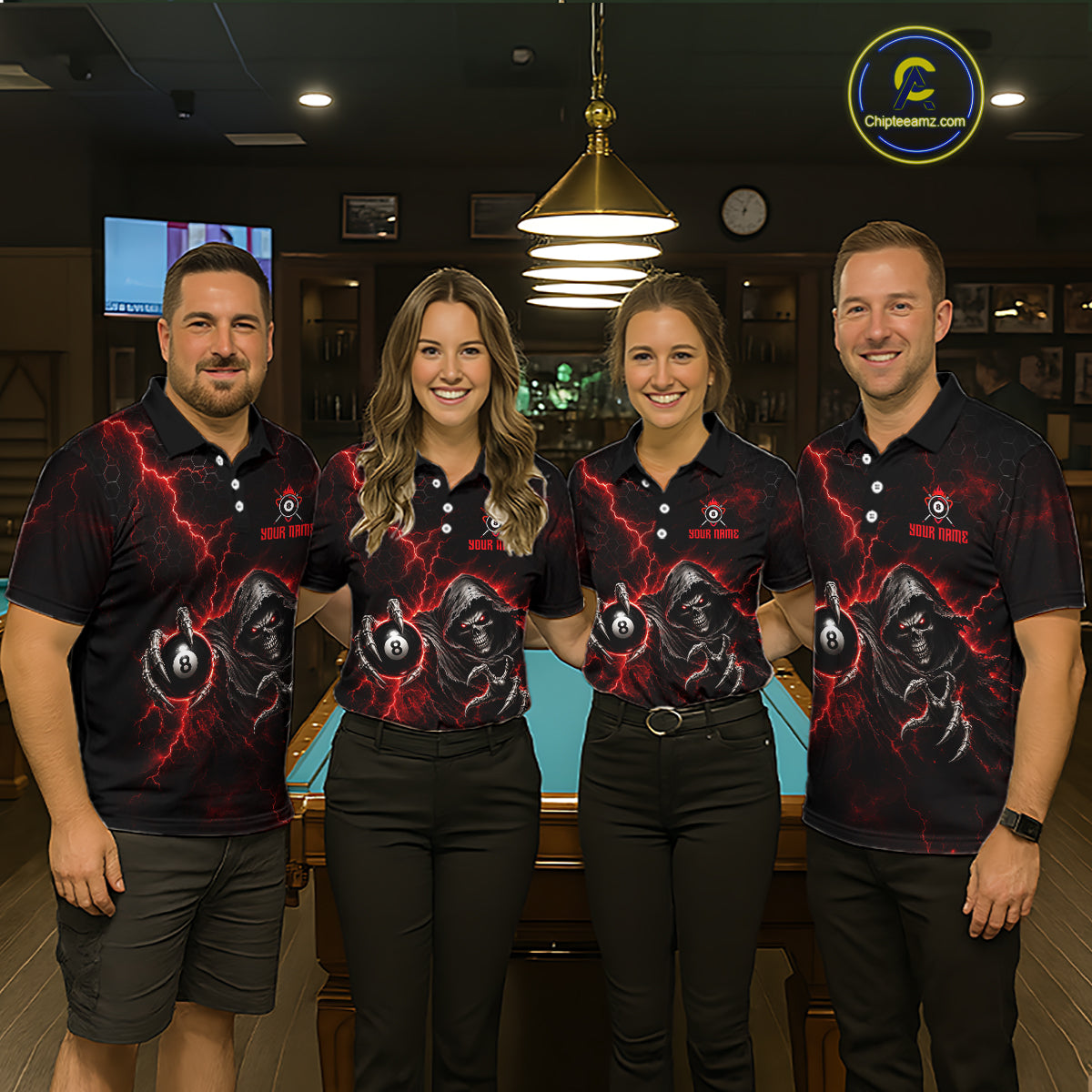 Custom Red Grim Reaper Thunder 8 Ball Pool Billiard Shirt For Women, Billiard Team Jersey NYN3778