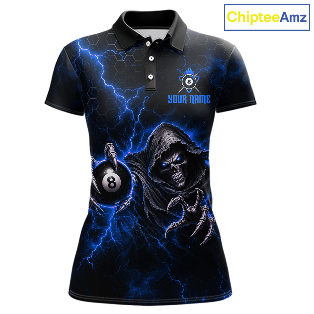 Custom Blue Grim Reaper Thunder 8 Ball Pool Billiard Shirt For Women, Billiard Team Jersey NYN3779