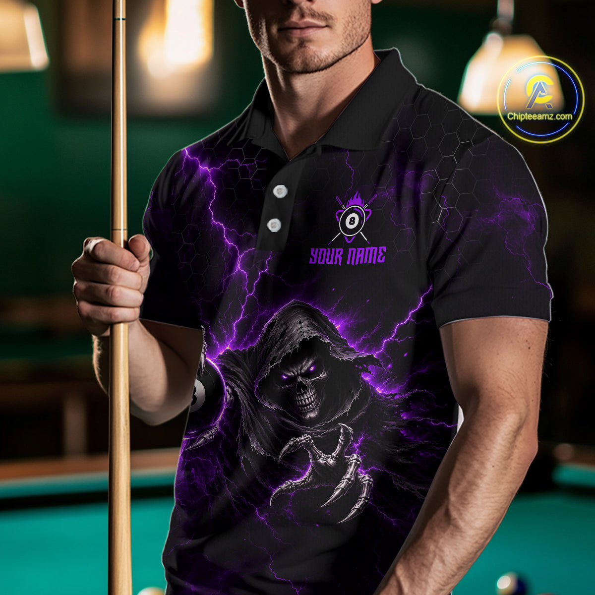 Custom Purple Grim Reaper Thunder 8 Ball Pool Billiard Shirt For Men,  Billiard Team Jersey NYN3780