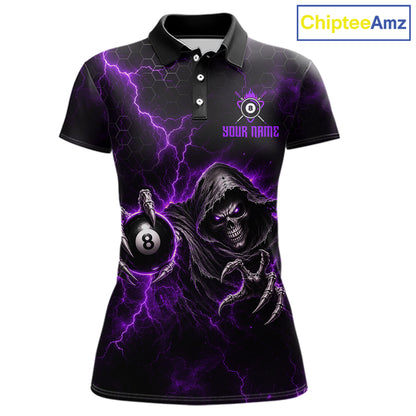 Custom Purple Grim Reaper Thunder 8 Ball Pool Billiard Shirt For Women, Billiard Team Jersey NYN3780