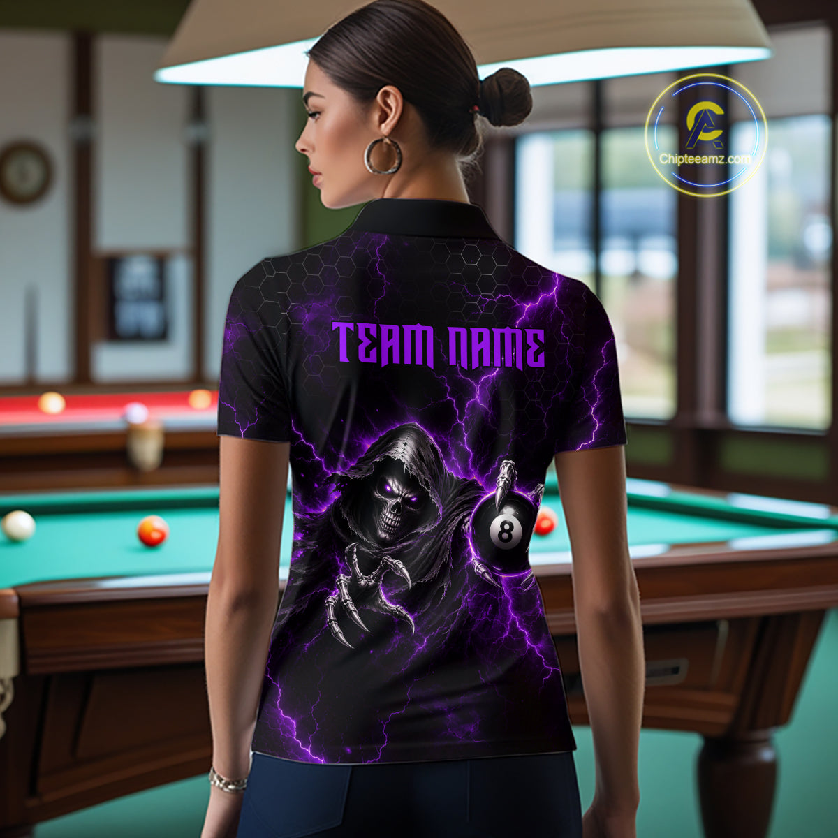 Custom Purple Grim Reaper Thunder 8 Ball Pool Billiard Shirt For Women, Billiard Team Jersey NYN3780