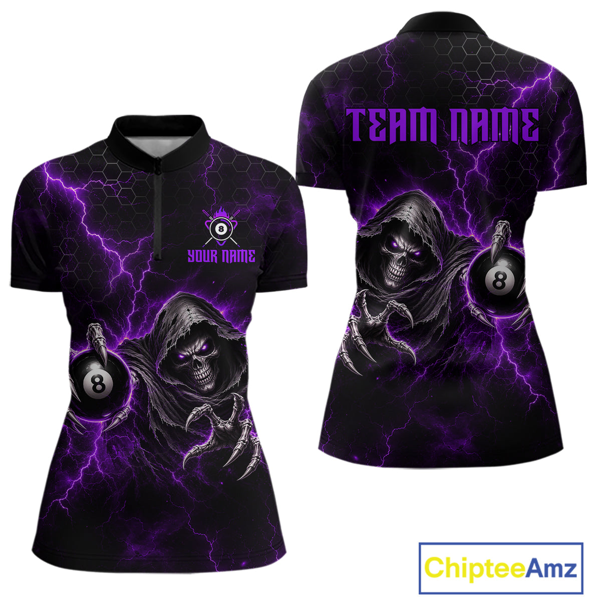 Custom Purple Grim Reaper Thunder 8 Ball Pool Billiard Shirt For Women, Billiard Team Jersey NYN3780