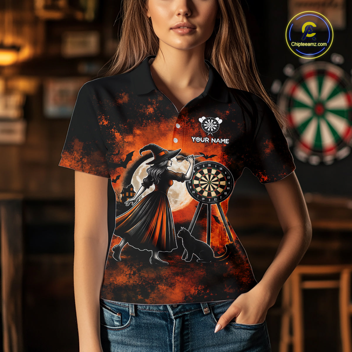 Orange Grunge Halloween Womens Dart Polo Quarter-Zip Shirts Custom Dart Team Outfits Jersey NYN4083