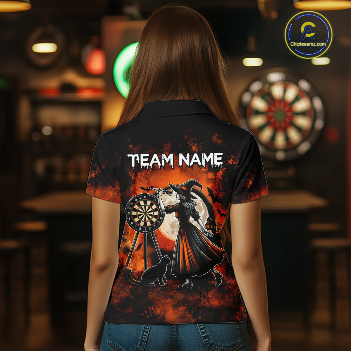 Orange Grunge Halloween Womens Dart Polo Quarter-Zip Shirts Custom Dart Team Outfits Jersey NYN4083