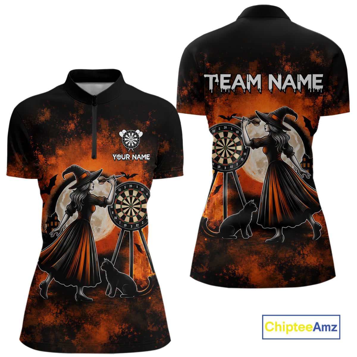 Orange Grunge Halloween Womens Dart Polo Quarter-Zip Shirts Custom Dart Team Outfits Jersey NYN4083