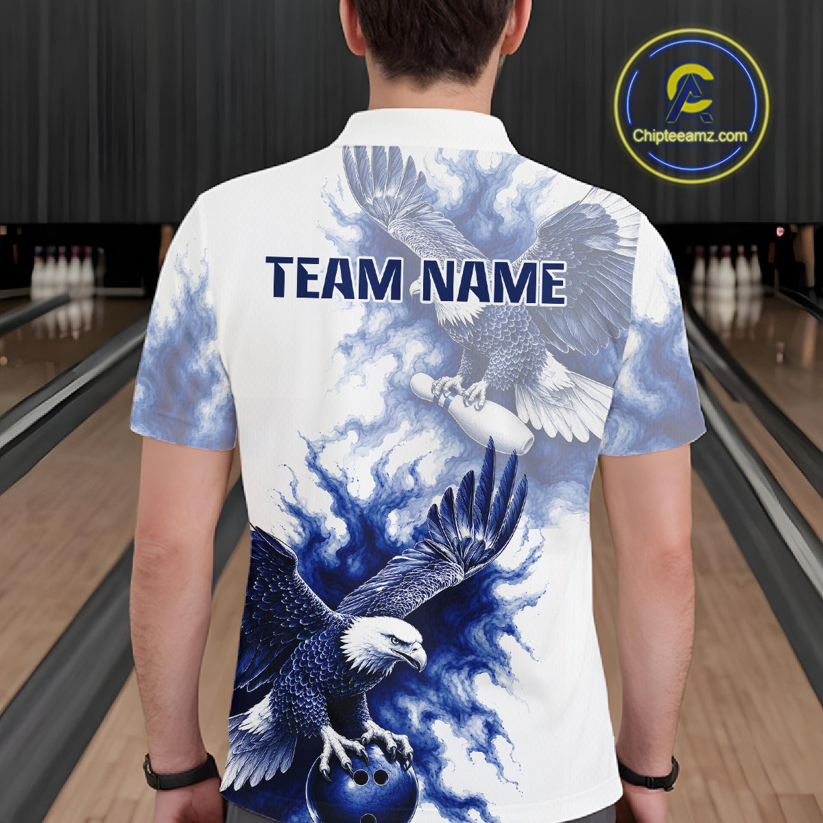 Male bowler modeling Eagle bowling shirt, patriotic sportswear, veteran appreciation, American pride, championship bowling jersey, athletic lifestyle clothing.
