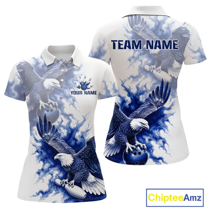 Custom Blue & White Eagle Bowling Polo featuring majestic eagle artwork, personalized bowling team name, breathable performance polo, patriotic sportswear, bowling league uniform, freedom symbolism, American pride apparel, eagle lover gift.