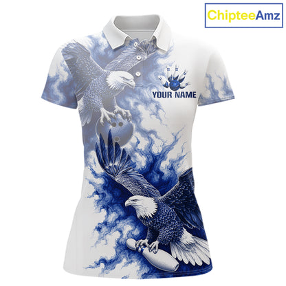 Custom Blue & White Eagle Bowling Polo featuring majestic eagle artwork, personalized bowling team name, breathable performance polo, patriotic sportswear, bowling league uniform, freedom symbolism, American pride apparel, eagle lover gift.
