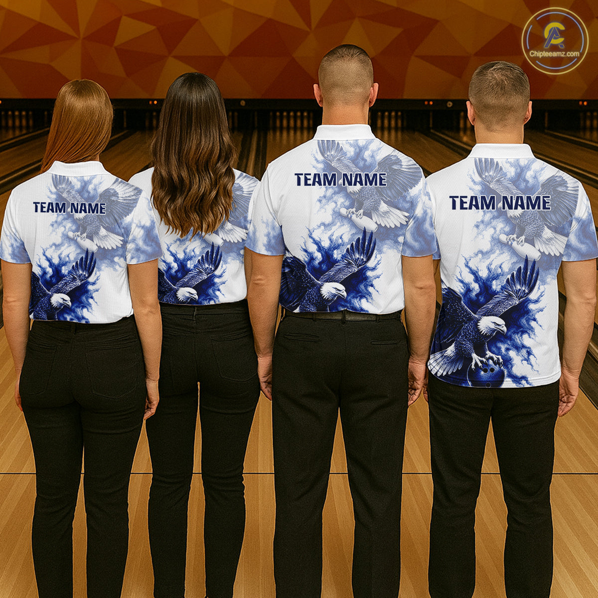 Bowling team wearing matching Blue & White Eagle jerseys, personalized names, patriotic tournament uniforms, Independence Day, Veterans Day, Memorial Day sportswear, unity, leadership, victory symbolism.