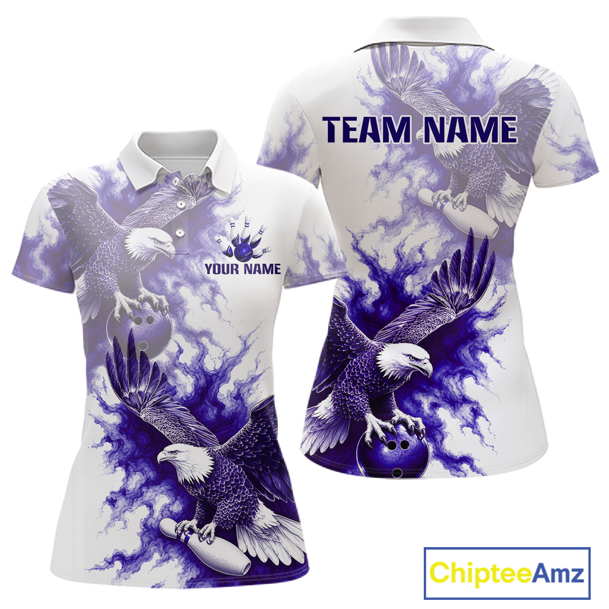 Custom Purple & White Eagle Bowling Polo featuring soaring eagle artwork, personalized bowling team jersey, breathable athletic fabric, custom bowling league apparel, purple sports fashion, freedom symbolism, eagle-inspired design