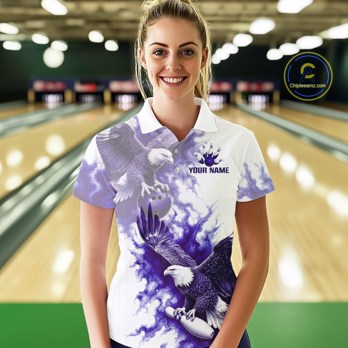 Female athlete modeling Purple Eagle bowling jersey representing confidence, strength, freedom, determination, personalized bowling apparel, modern sports fashion.