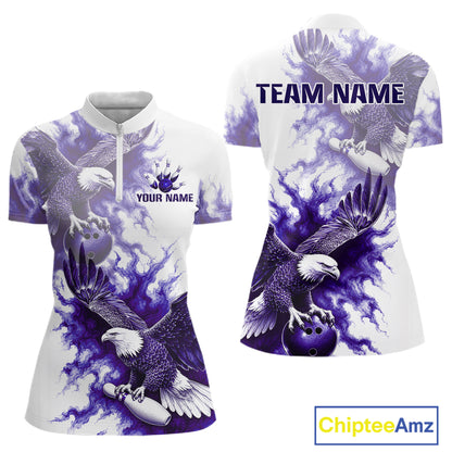 Purple & White Eagle Quarter-Zip Bowling Jersey with personalized bowling team graphics, breathable performance fabric, athletic tournament apparel, custom league uniform.